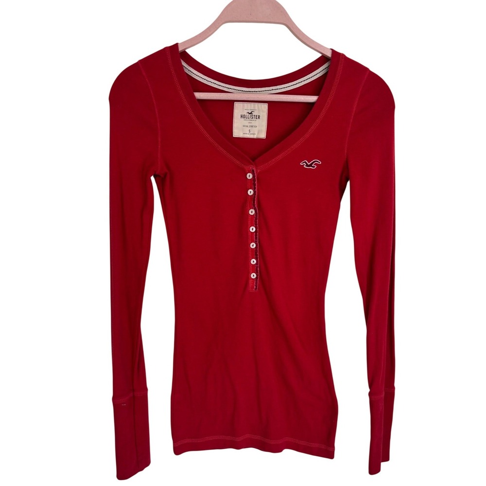Vintage Y2K Hollister Henley Top Womens S Red Long Sleeve Stretch Logo So Cal